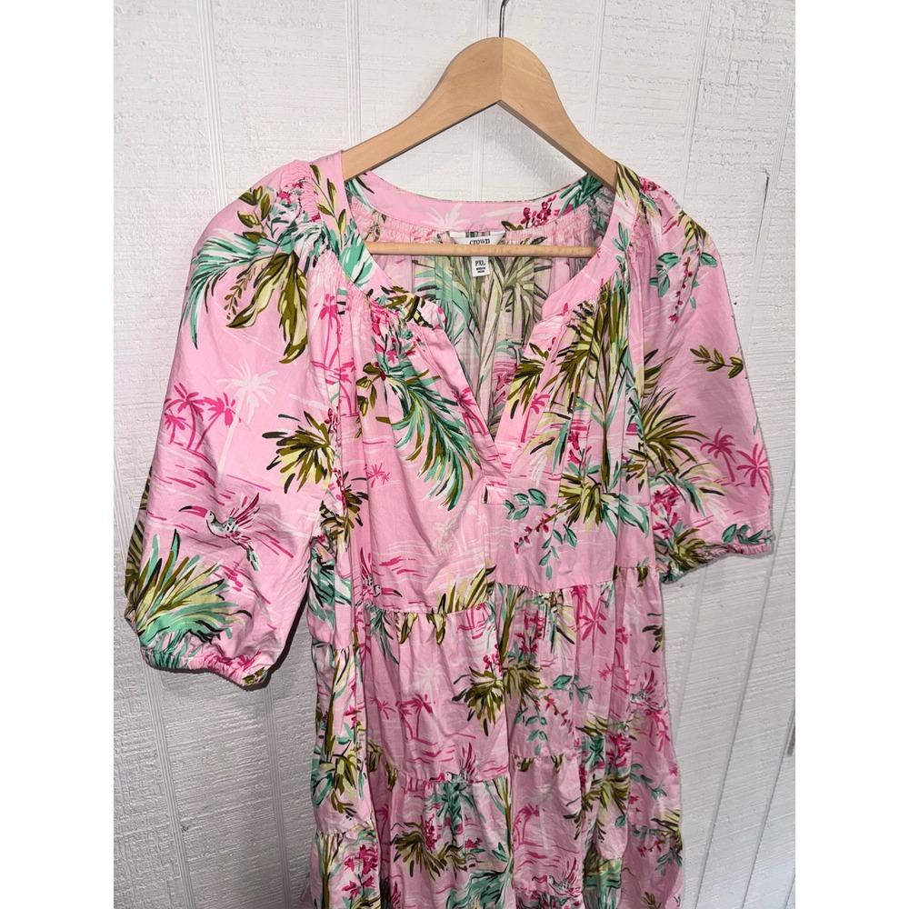 Crown & Ivy Tiered Babydoll Dress Womens Pink Tropical Flamingo PXL - Picture 2 of 6